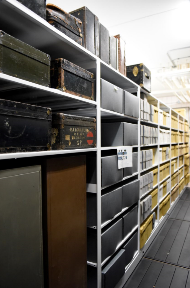 image of artifacts in high-density storage unit at Canadian Warplane museum